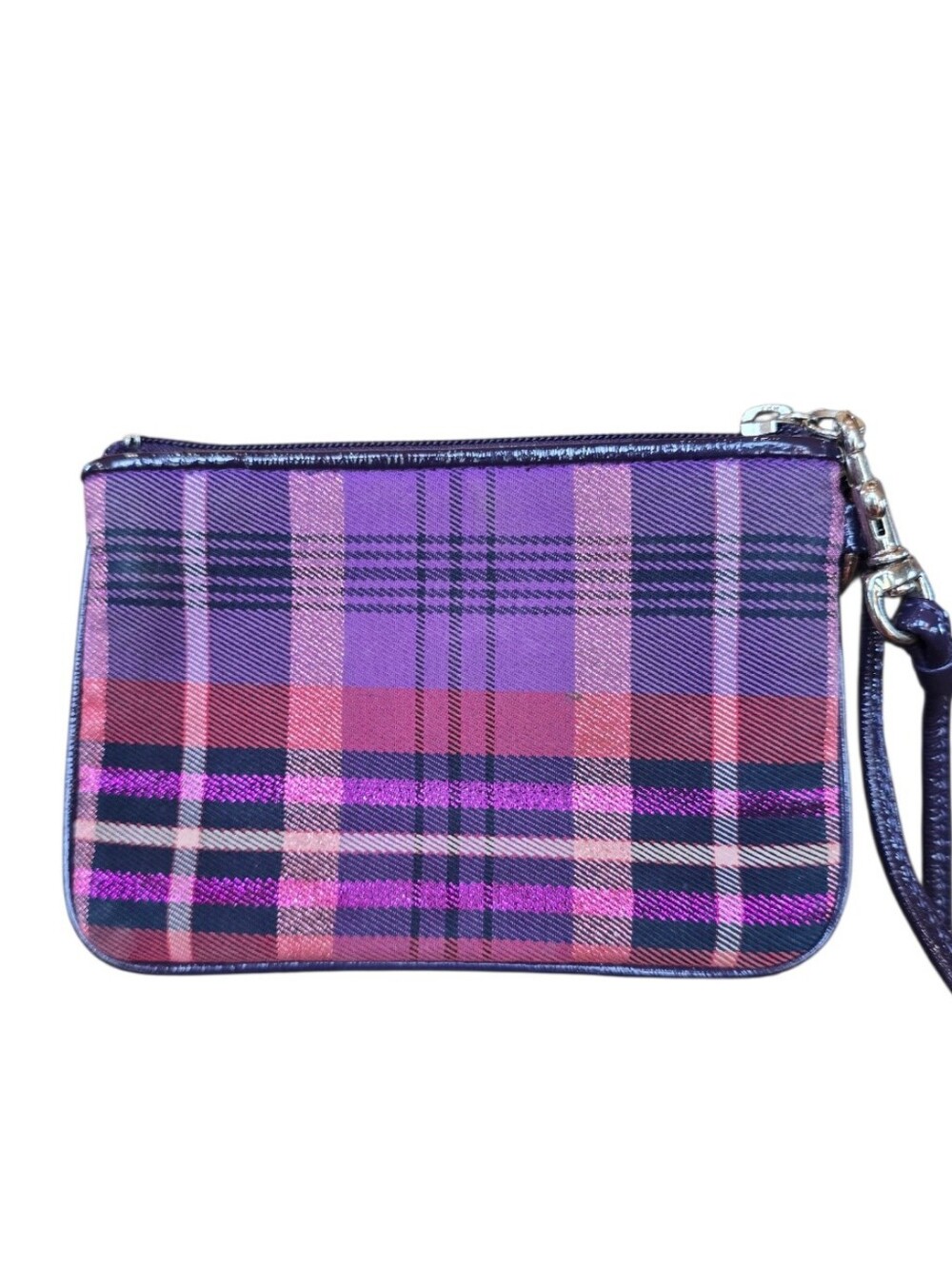 Coach Poppy Tartan Glam Purple Magenta  Black Tote Wristlet 2 Piece Set - Picture 12 of 16